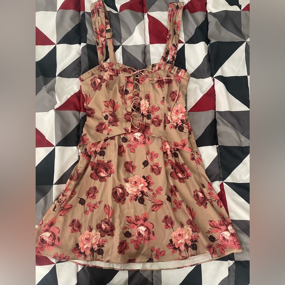 Oh Polly Beige Floral Tie-Front Mini Dress
